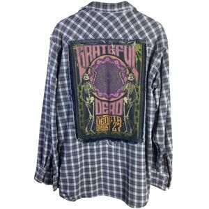 Reworked Grateful Dead FLANNEL w/ distressed DENIM Jean tee shirt patch Blue XL